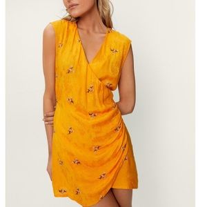 Floral Embroidery Detail Wrapover Mini Dress in Yellow Orange